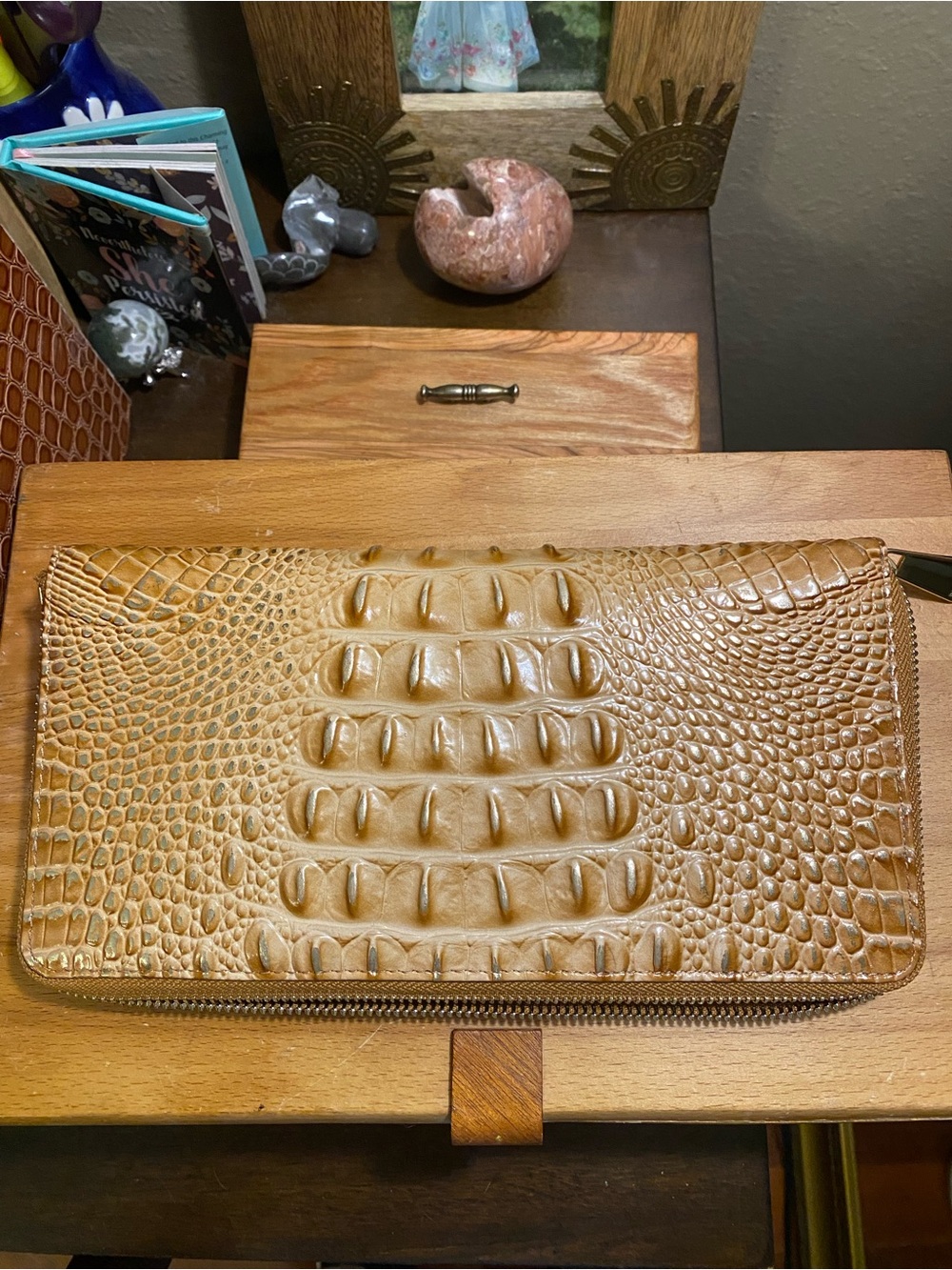 Brahmin Croc-Embossed Zip Wallet in Warm Honey Brown and Gold touches